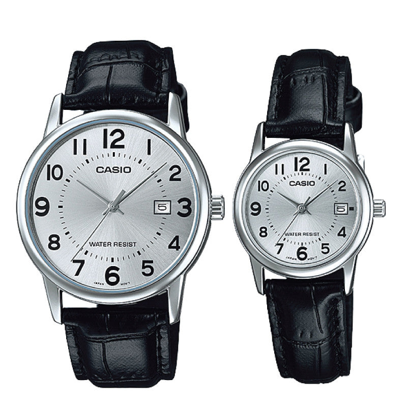 Relojes de pareja Casio MTP-V002L-7B + LTP-V002L-7B en cuero negro originales