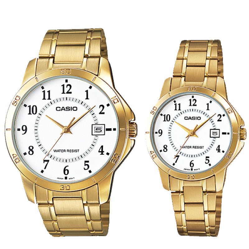 Relojes de pareja Casio MTP-V004G-7B + LTP-V004G-7B en acero dorado originales