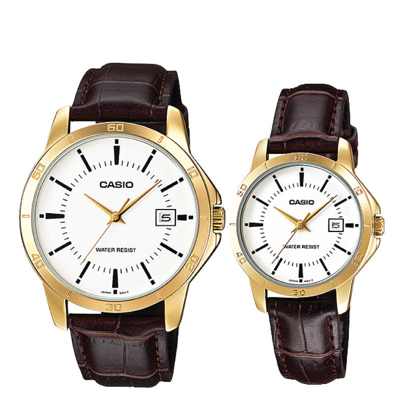 Relojes de pareja Casio MTP-V004GL-7A + LTP-V004GL-7A en cuero marrón originales