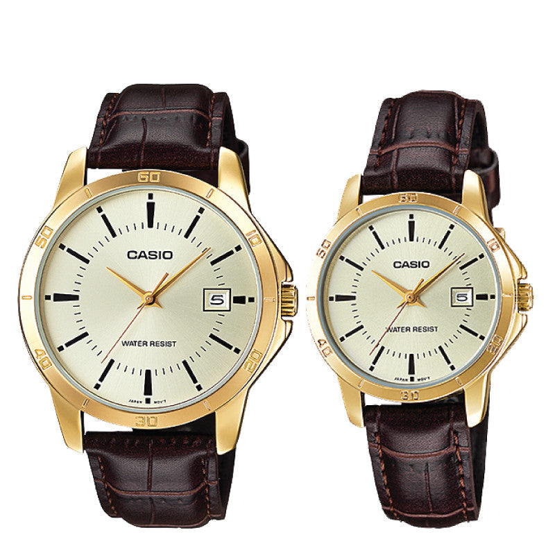Relojes de pareja Casio MTP-V004GL-9A + LTP-V004GL-9A en cuero marrón originales
