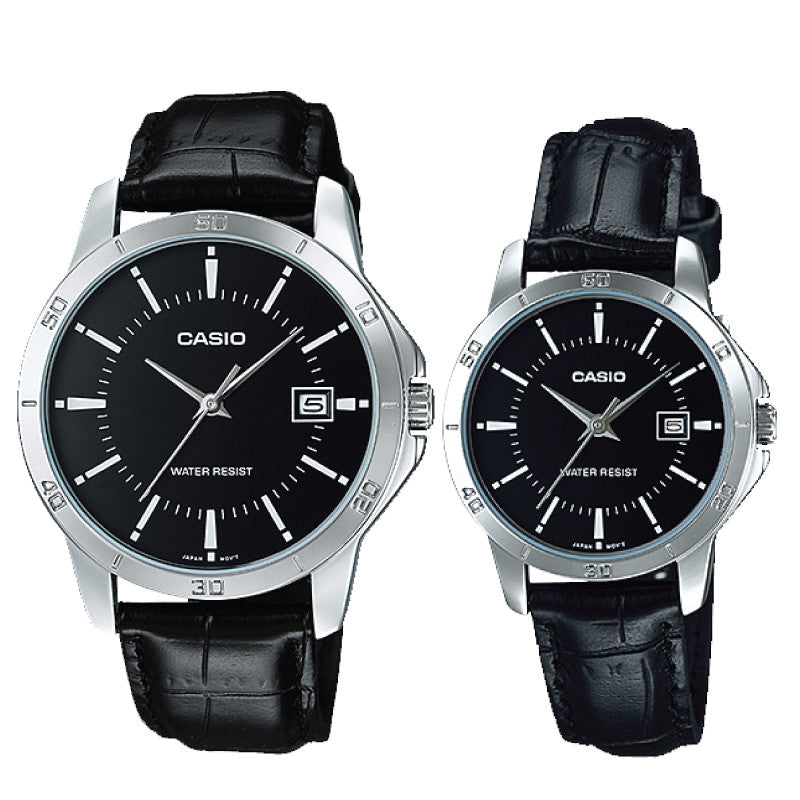 Relojes de pareja Casio MTP-V004L-1A + LTP-V004L-1A en cuero negro originales