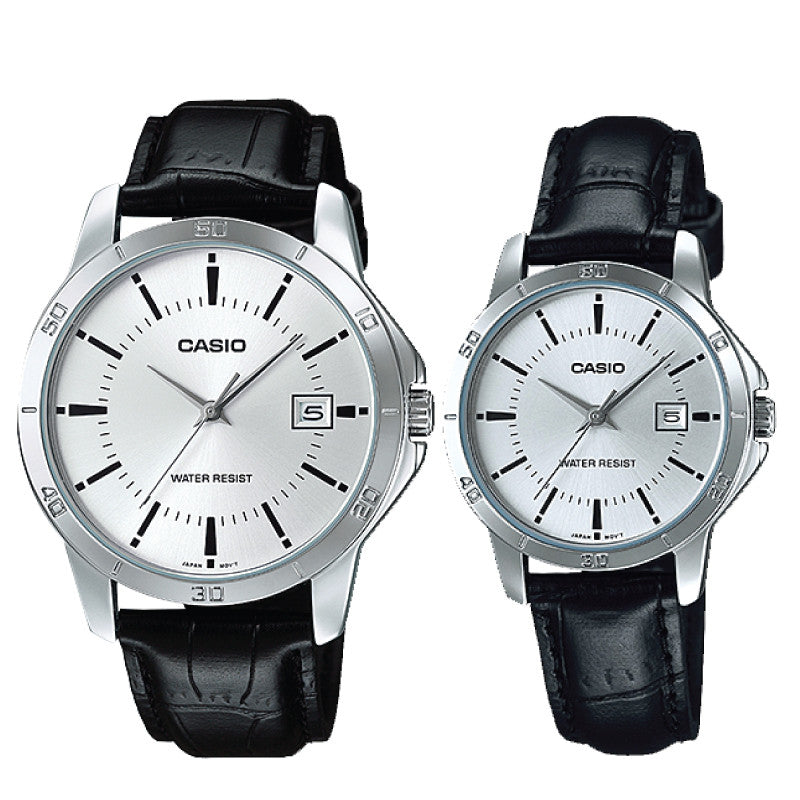 Relojes de pareja Casio MTP-V004L-7A + LTP-V004L-7A en cuero negro originales