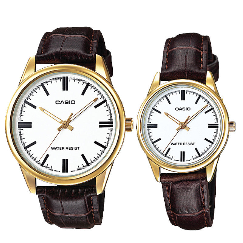 Relojes de pareja Casio MTP-V005GL-7A + LTP-V005GL-7A en cuero marrón originales