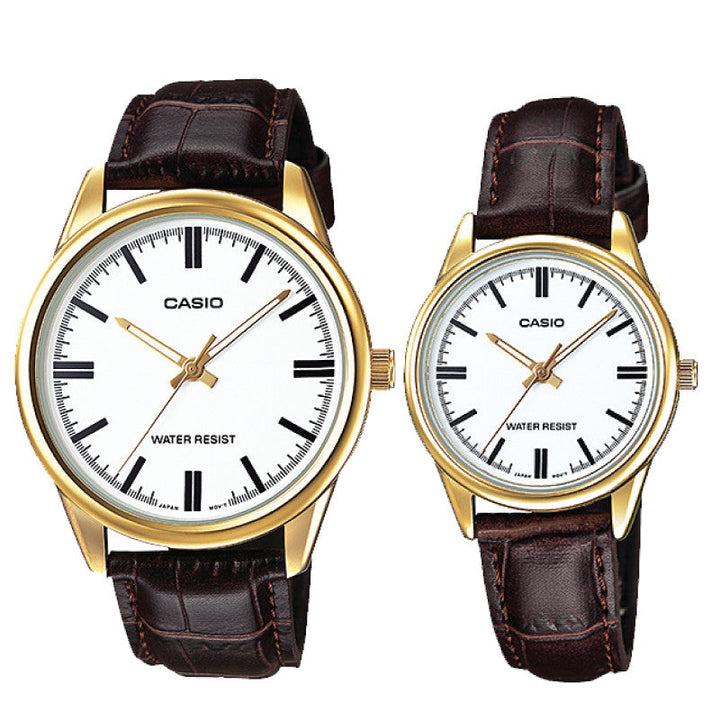 Relojes de pareja Casio MTP-V005GL-7A + LTP-V005GL-7A en cuero marrón originales