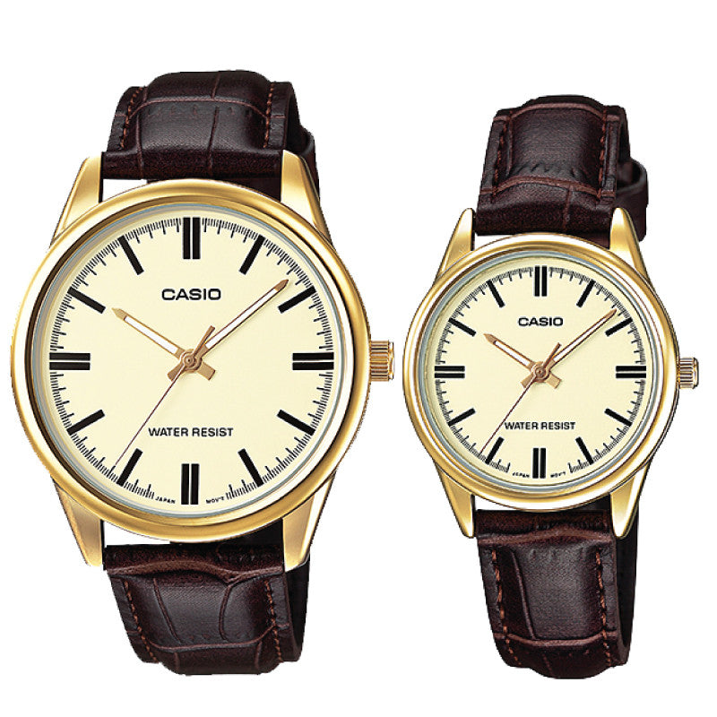Relojes de pareja Casio MTP-V005GL-9A + LTP-V005GL-9A en cuero marrón originales
