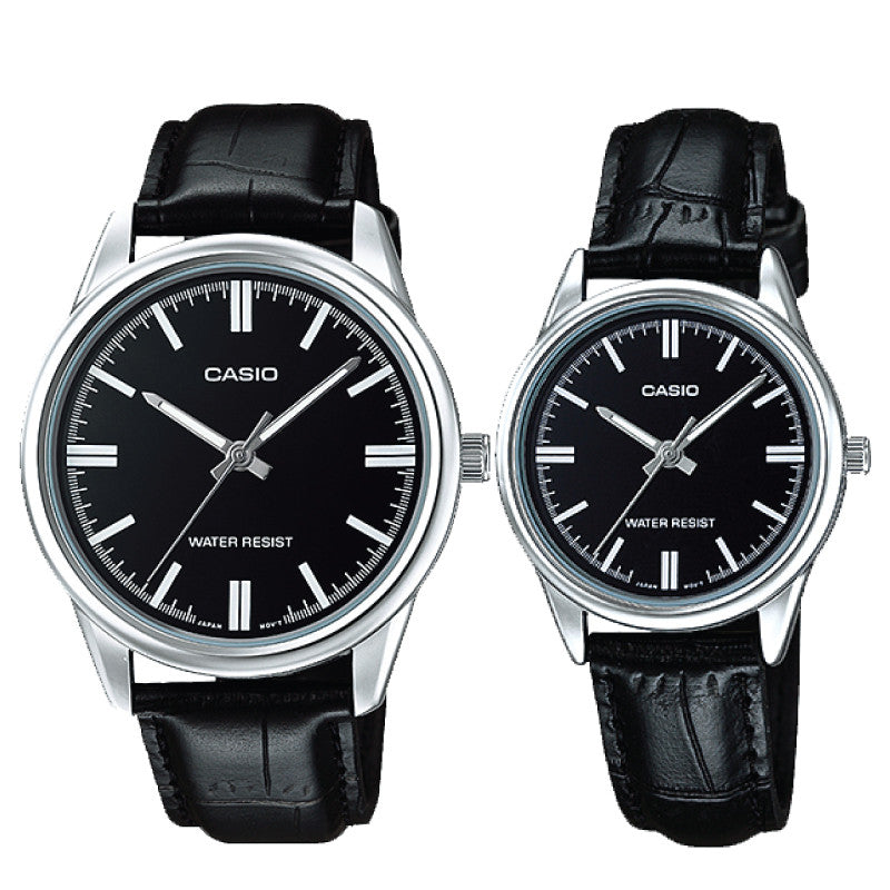 Relojes de pareja Casio MTP-V005L-1A + LTP-V005L-1A en cuero negro originales