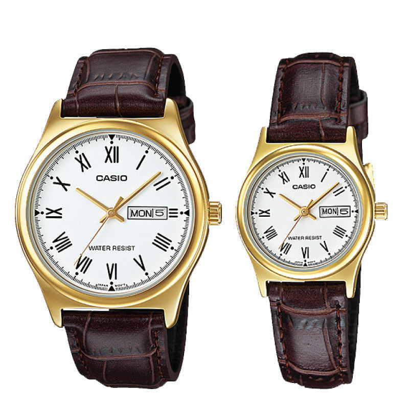 Relojes de pareja Casio MTP-V006GL-7B + LTP-V006GL-7B en cuero marrón originales