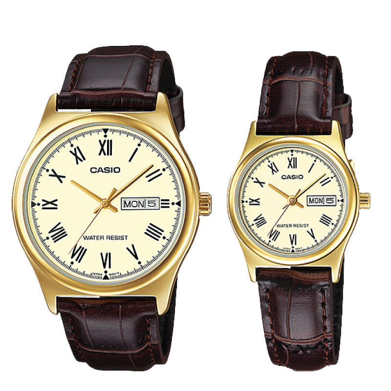 Relojes de pareja Casio MTP-V006GL-9B + LTP-V006GL-9B en cuero marrón originales