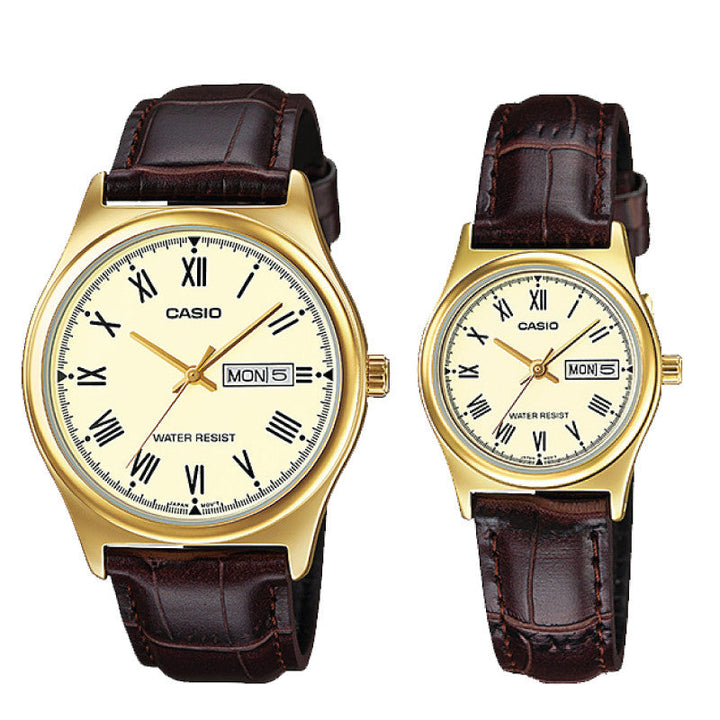 Relojes de pareja Casio MTP-V006GL-9B + LTP-V006GL-9B en cuero marrón originales