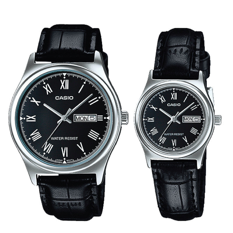 Relojes de pareja Casio MTP-V006L-1B + LTP-V006L-1B en cuero negro originales