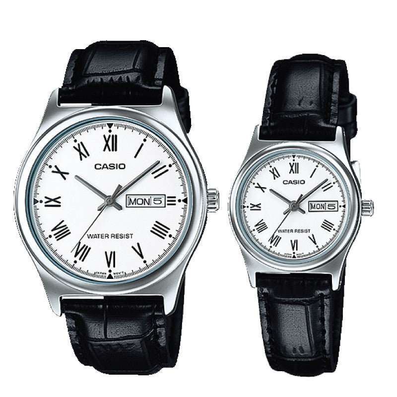 Relojes de pareja Casio MTP-V006L-7B + LTP-V006L-7B en cuero negro originales