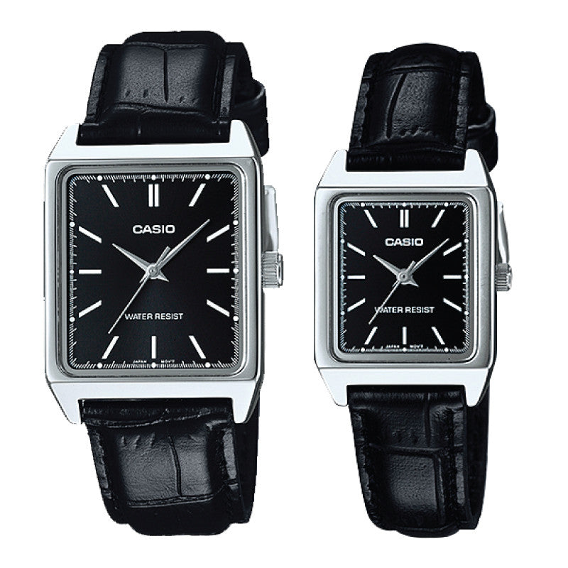Relojes de pareja Casio MTP-V007L-1E + LTP-V007L-1E en cuero negro originales