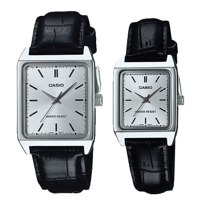 Relojes de pareja Casio MTP-V007L-7E1 + LTP-V007L-7E1 en cuero negro originales