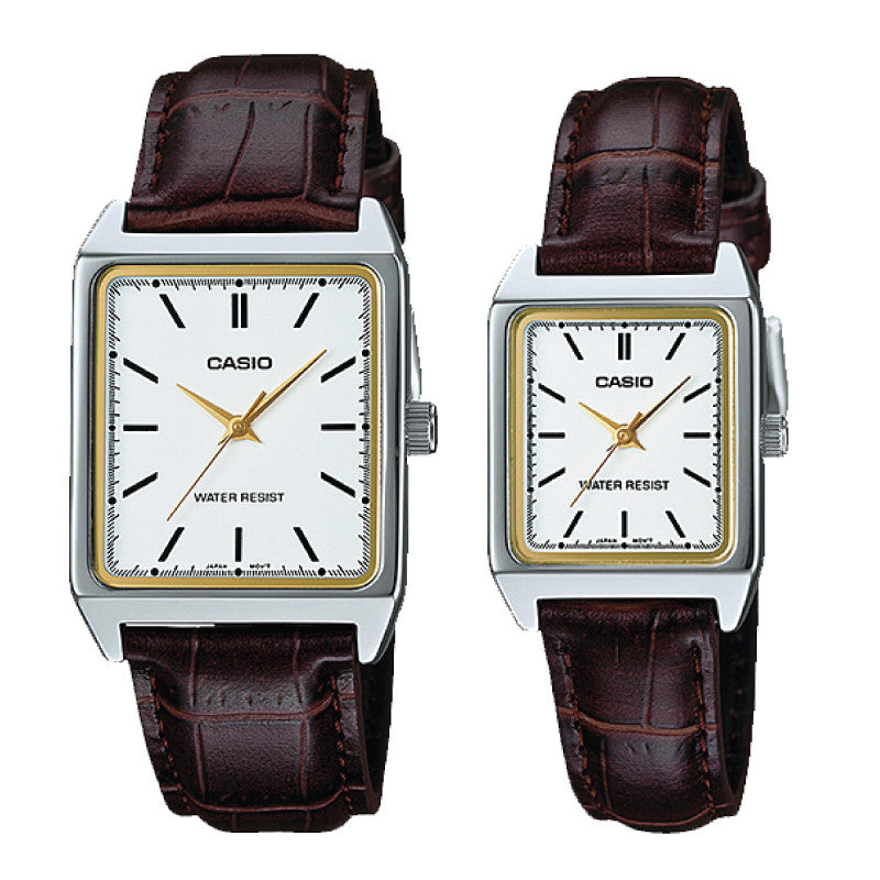 Relojes de pareja Casio MTP-V007L-7E2 + LTP-V007L-7E2 en cuero marrón originales