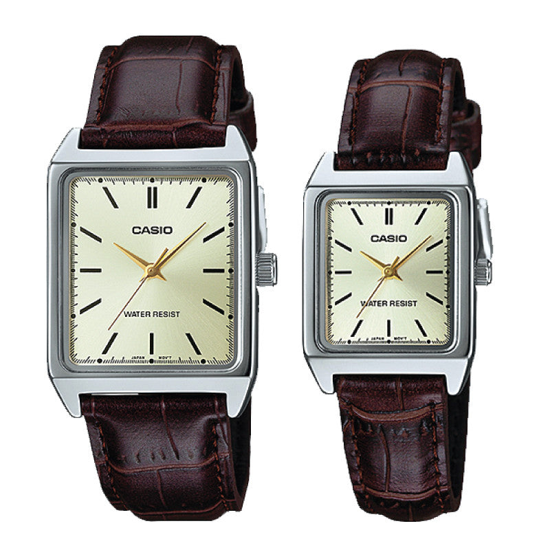 Relojes de pareja Casio MTP-V007L-9E + LTP-V007L-9E en cuero marrón originales