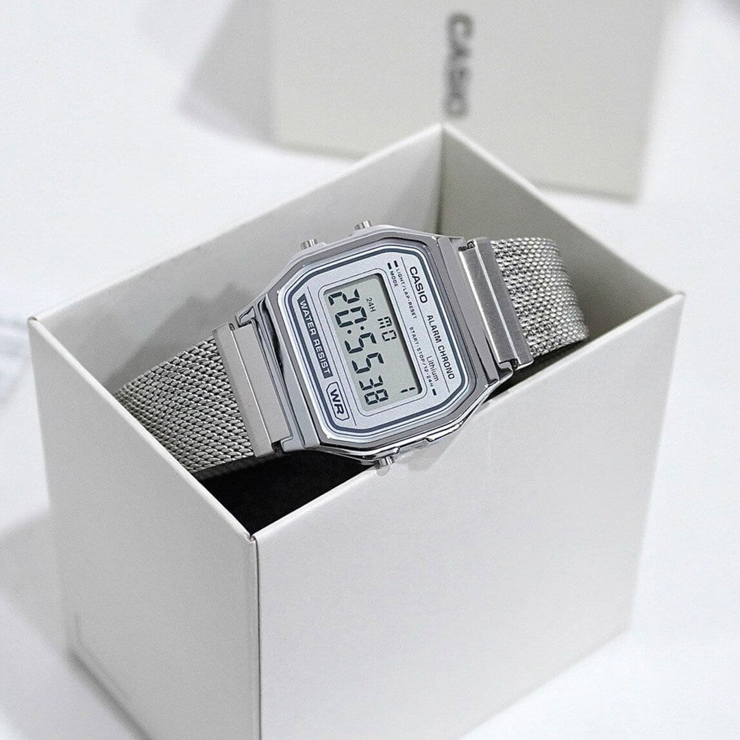 Reloj Casio A158WEM-7 plateado y gris claro unisex original en Perú - vista adicional y acabados