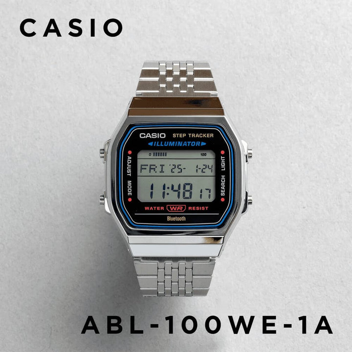 Reloj Casio ABL-100WE-1A plateado y negro unisex original en Perú - detalle de caja y correa