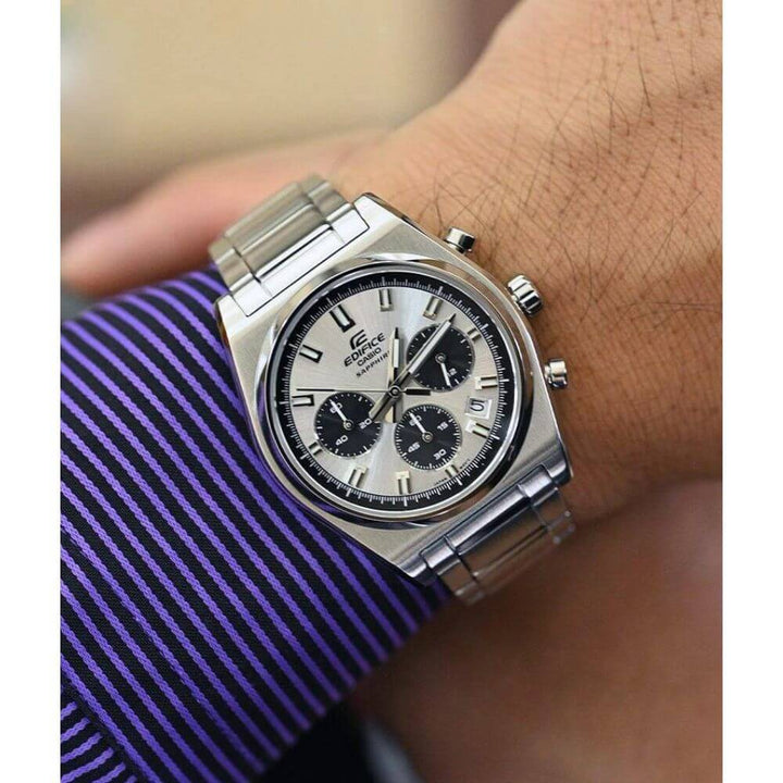 Reloj Casio Edifice EFB-730D-7AVUDF Cronógrafo Acero Plateado Original EFB-730D-7AVUDF detalle posterior y acabados en Jherr Perú