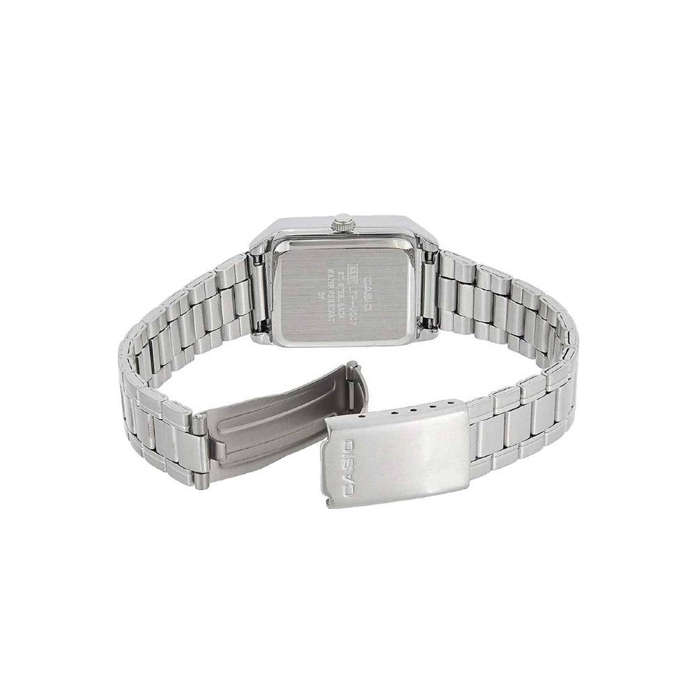 Reloj Casio LTP-V007D-7E blanco y plateado acero inoxidable original en Perú - detalle de caja y correa