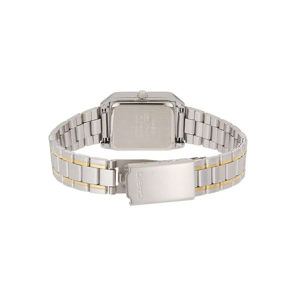 Reloj Casio LTP-V007SG-9E bicolor champagne acero inoxidable bicolor original en Perú - detalle de caja y correa