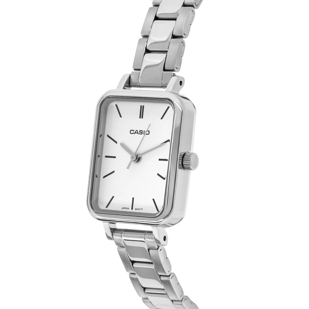 Reloj Casio LTP-V009D-7E blanco y plateado acero inoxidable original en Perú - detalle de esfera y diseño