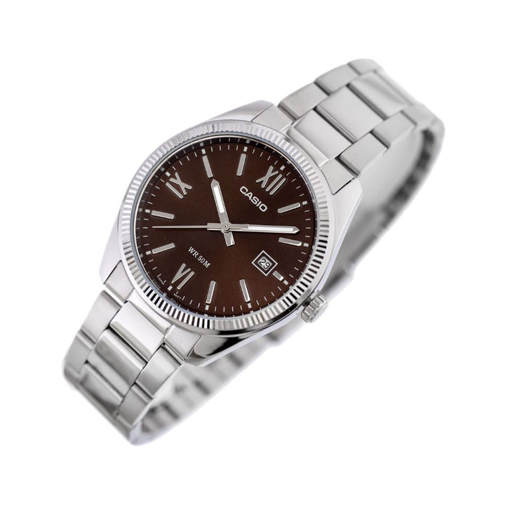 Reloj Casio MTP-1302DD-5AV rojo cobre y plateado hombre original en Perú - detalle de esfera o pantalla