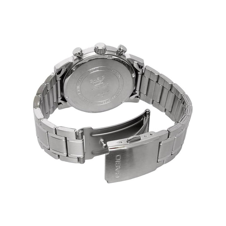 Reloj Casio MTP-E510D-1A1V caja y brazalete de acero inoxidable cierre plegable detalle | Jherr Perú