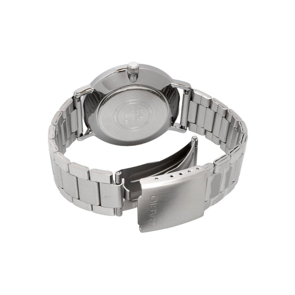 Reloj Casio MTP-VT04D-8E gris y plateado hombre original en Perú - detalle de caja y correa