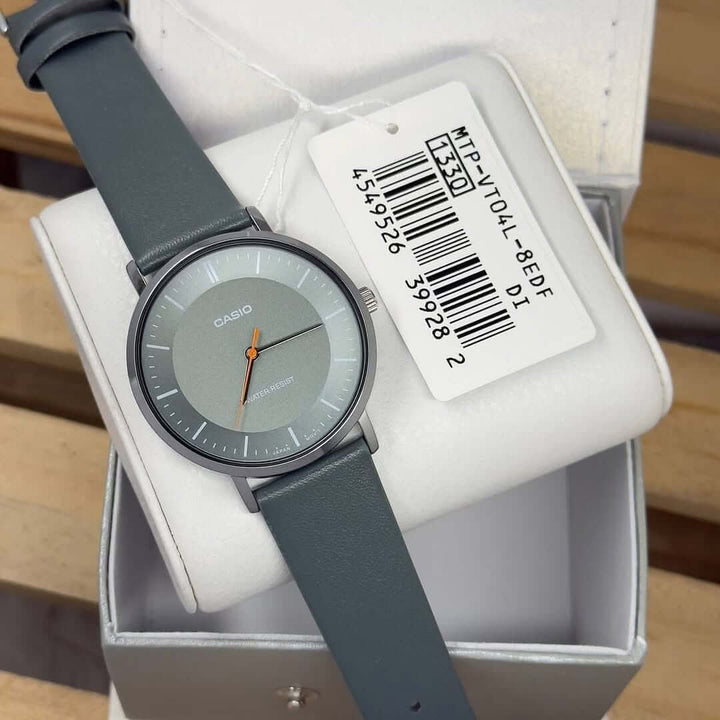 Reloj Casio MTP-VT04L-8E gris y negro hombre original en Perú - detalle de caja y correa