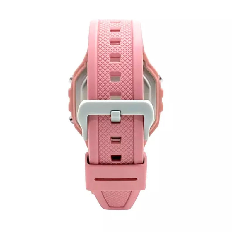 Reloj Casio W-218HC-4AV caja y correa de resina rosa deportivo detalle | Jherr Perú