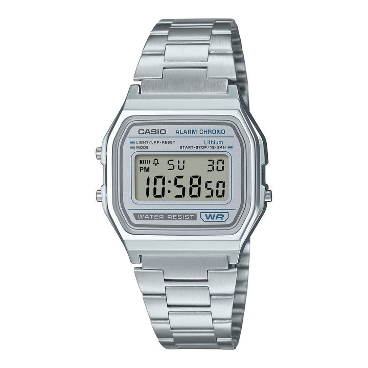 Reloj Casio A158WEA-7 plateado con detalles azules unisex original en Perú - detalle de esfera o pantalla
