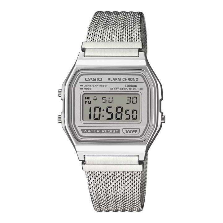 Reloj Casio A158WEM-7 plateado y gris claro unisex original en Perú - detalle de esfera o pantalla