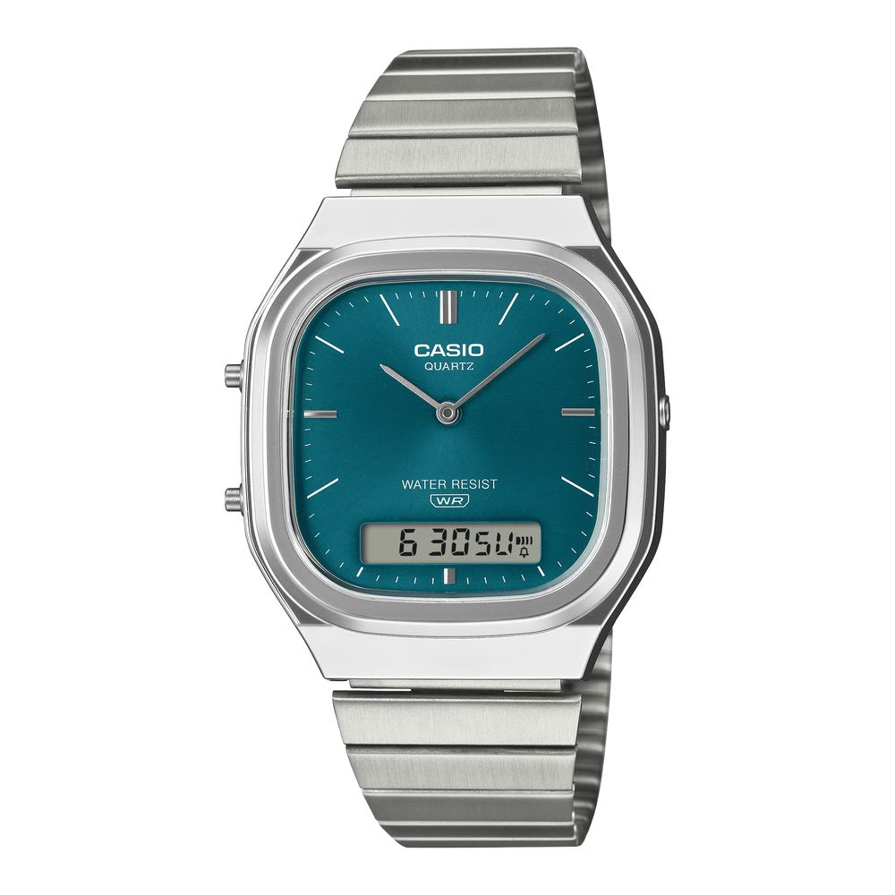 Reloj Casio AQ-240E-3A Vintage verde azulado analógico digital unisex vista principal | Jherr Perú