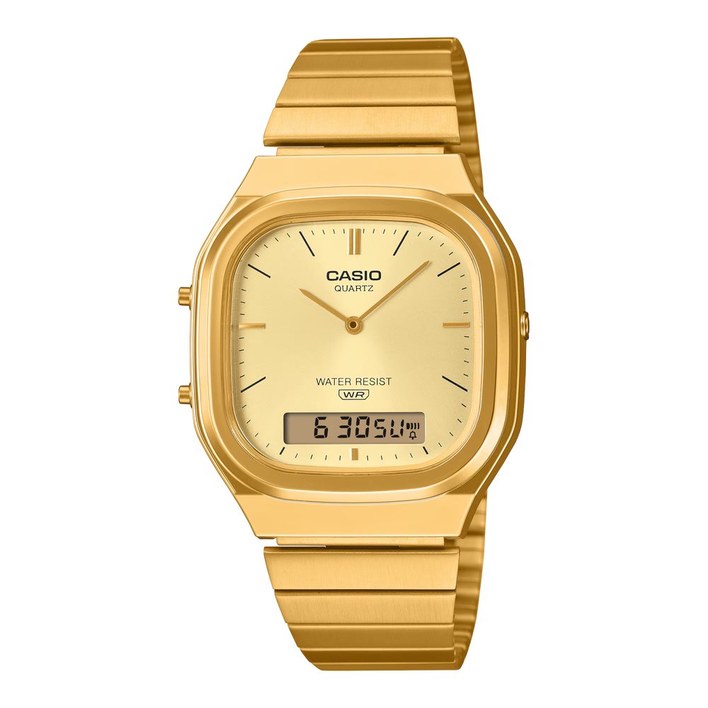 Reloj Casio AQ-240EG-9A Vintage dorado analógico digital unisex vista principal | Jherr Perú