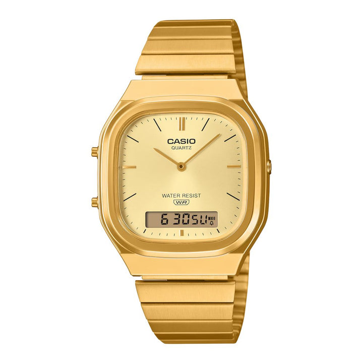 Reloj Casio AQ-240EG-9A Vintage dorado analógico digital unisex vista principal | Jherr Perú