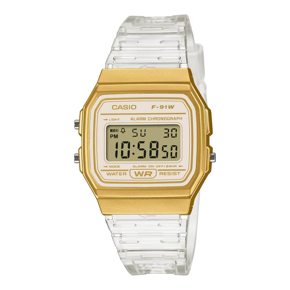 Reloj Casio F-91WS-7A2 transparente y plateado unisex original en Perú - detalle de esfera o pantalla
