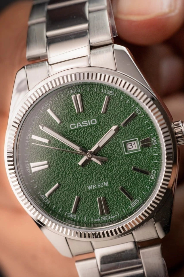 Reloj Casio MTP-1302DA-3AV Original | Acero Inoxidable Esfera Verde Hombre Plateado