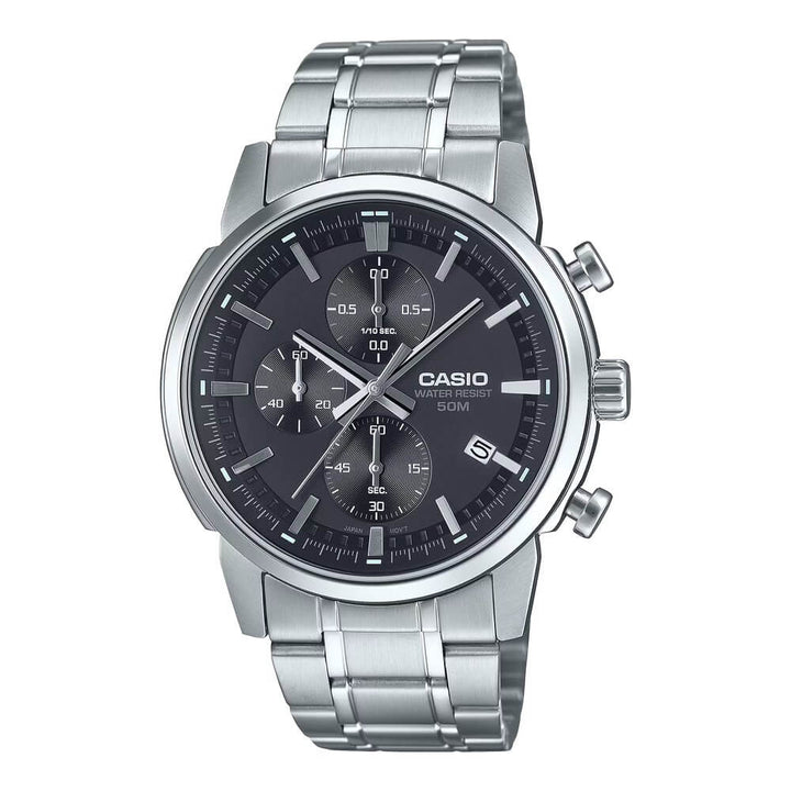 Reloj Casio MTP-E510D-1A1V cronógrafo acero negro para hombre 50M vista principal | Jherr Perú