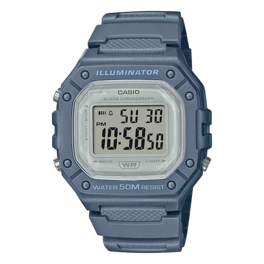 Reloj Casio W-218HC-2AV digital azul gris unisex 50M vista principal | Jherr Perú