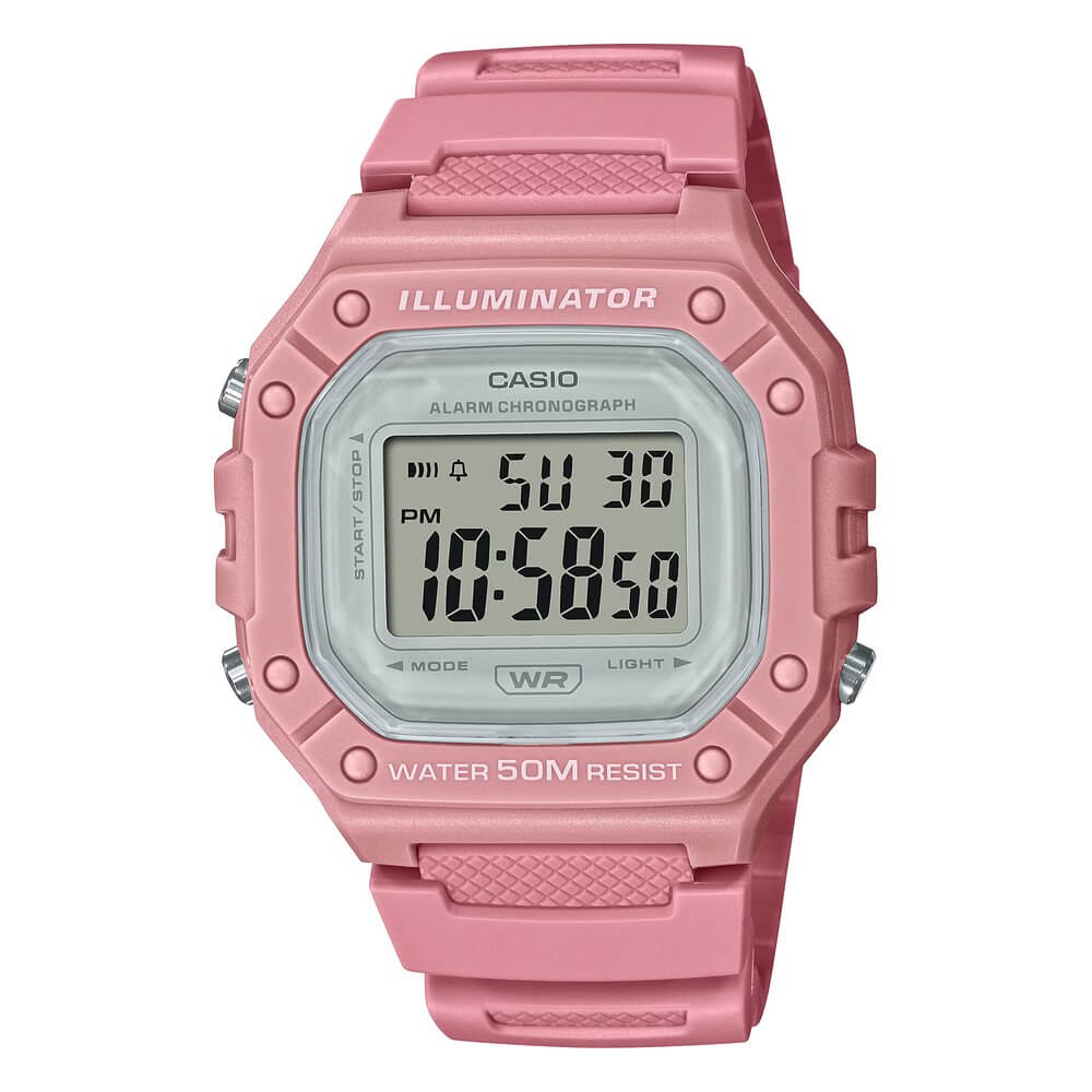 Reloj Casio W-218HC-4AV digital rosa unisex 50M vista principal | Jherr Perú