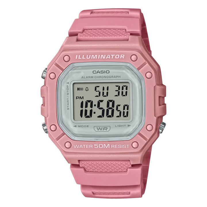 Reloj Casio W-218HC-4AV digital rosa unisex 50M vista principal | Jherr Perú