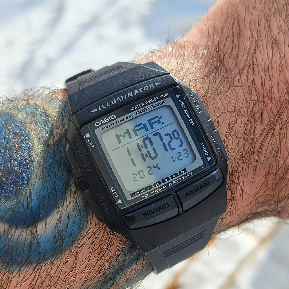 Reloj Casio DB-36-1AV data bank negro 10 anos hombre original en Perú - detalle de esfera pantalla y diseño | Jherr