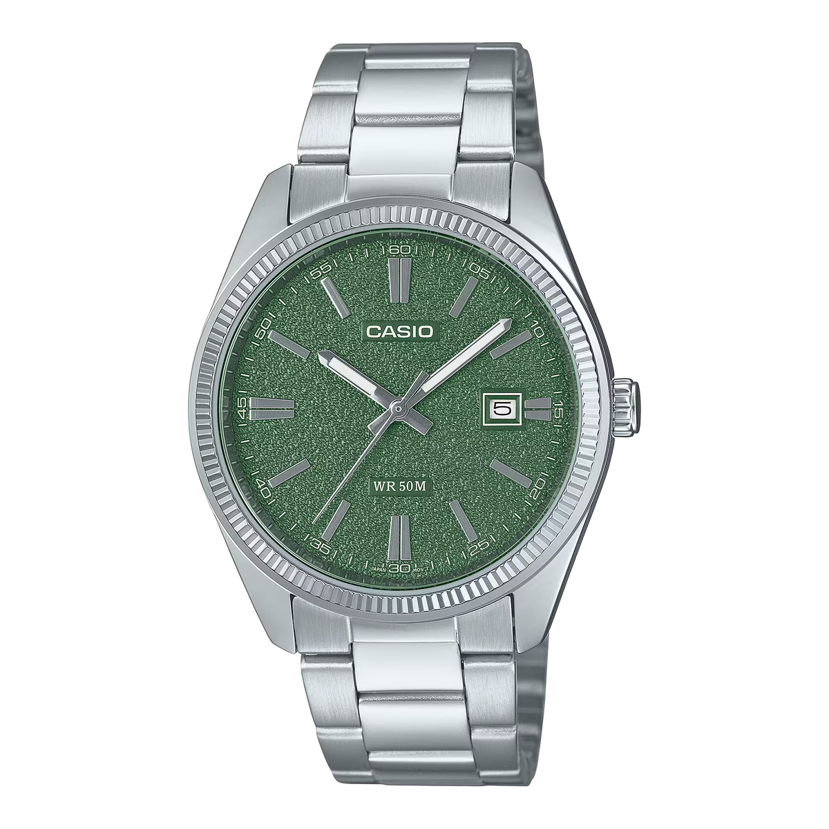 MTP 1302 Casio verde para hombre con esfera texturizada y correa de acero plateado - Jherr Perú