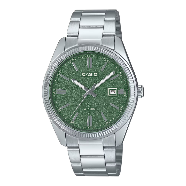 MTP 1302 Casio verde para hombre con esfera texturizada y correa de acero plateado - Jherr Perú