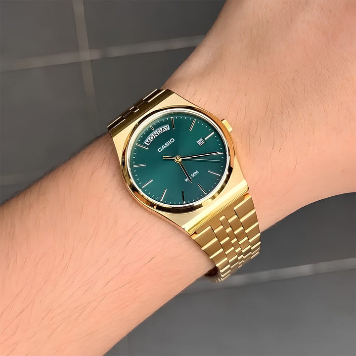 Reloj Casio MTP-B146G-3AV verde dorado dia fecha hombre original en Perú - detalle de esfera pantalla y diseño | Jherr