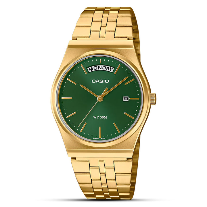 Reloj Casio MTP-B146G-3AV verde dorado dia fecha hombre original en Perú - vista principal | Jherr
