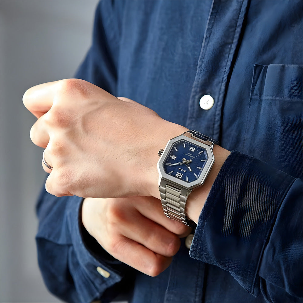 Reloj Casio MTP-B195D-2AV azul acero 50m fecha hombre original en Perú - detalle de esfera pantalla y diseño | Jherr