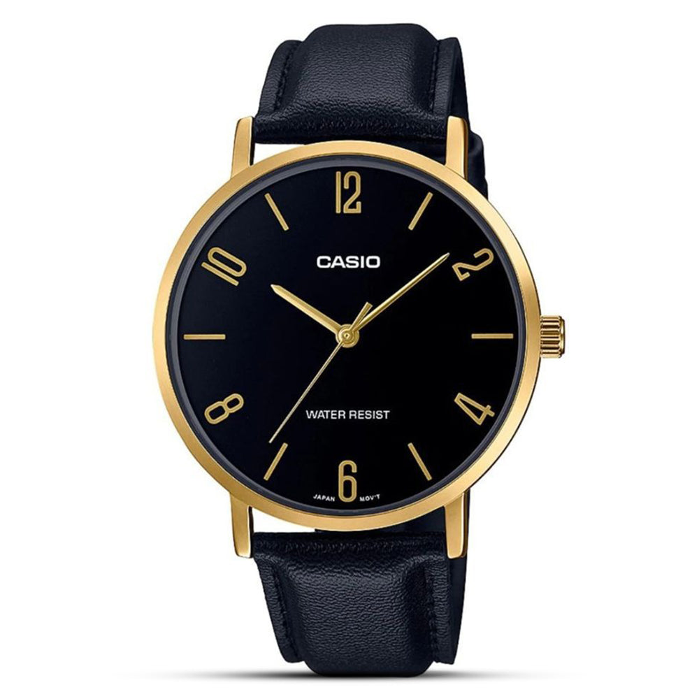 Reloj Casio MTP-VT01GL-1B2 negro dorado cuero minimalista hombre original en Perú - vista principal | Jherr