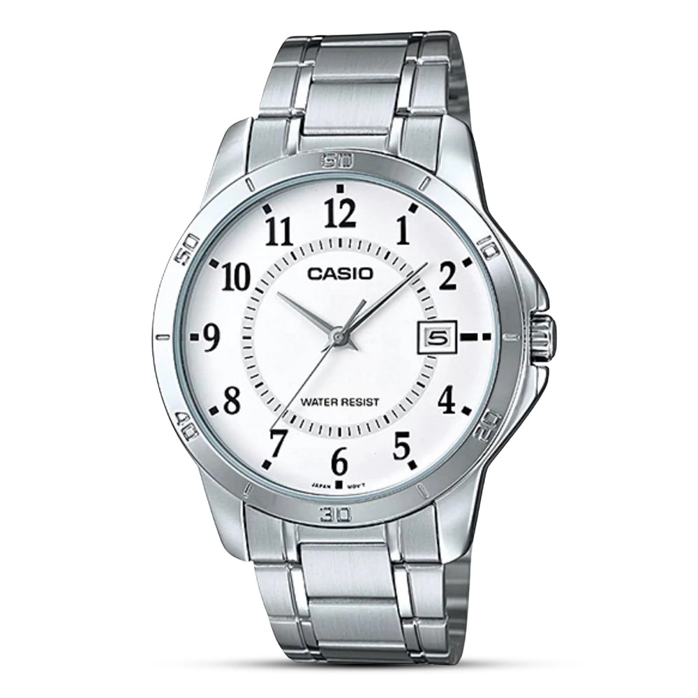 Reloj Casio MTP-V004D-7B blanco acero fecha hombre original en Perú - vista principal | Jherr