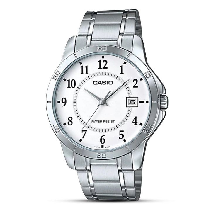 Reloj Casio MTP-V004D-7B blanco acero fecha hombre original en Perú - vista principal | Jherr